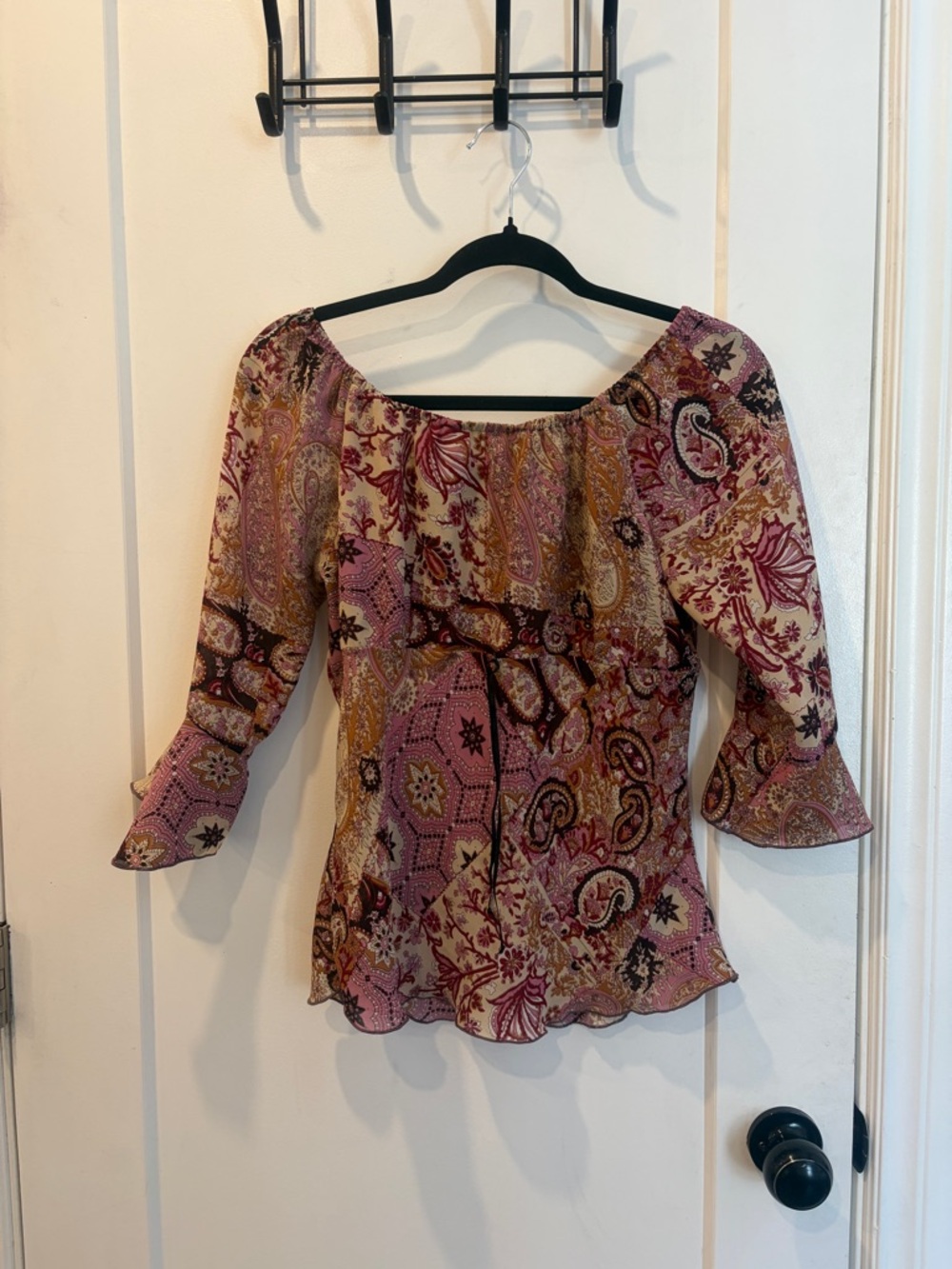 Y2K Off-Shoulder Pink Paisley Peasant Top